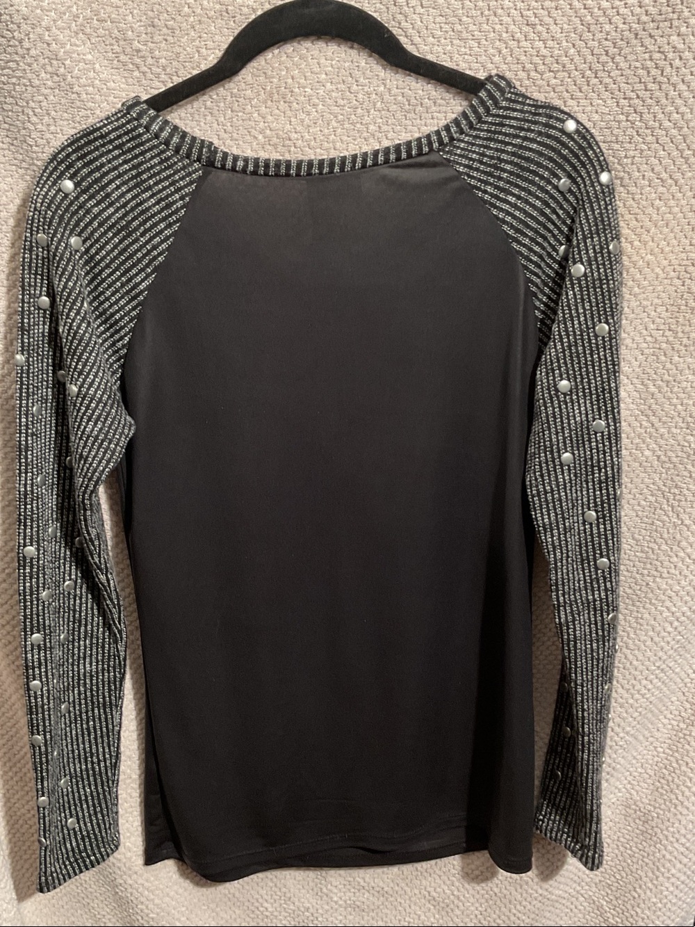 Vocal Black Long Sleeve Top with Striped Pearl-Studded Sleeves - Picture 3 of 3